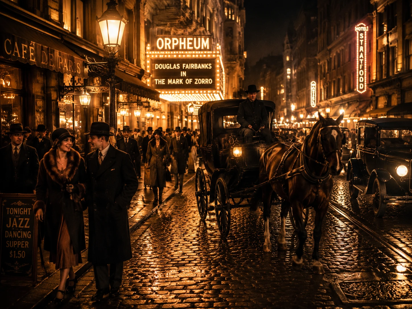 1920年代のノスタルジックな街並みを走る馬車