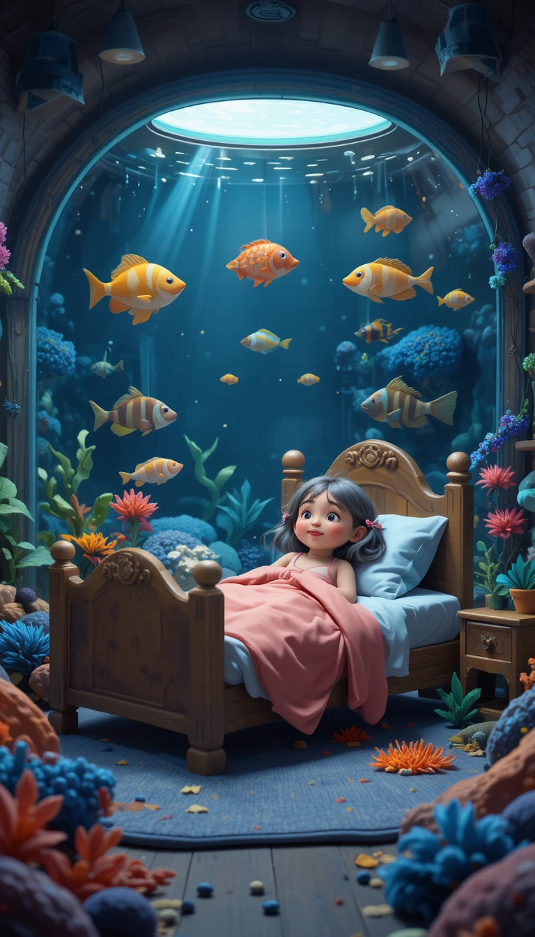 Illustration enfantine ludique d’un aquarium intérieur lumineux