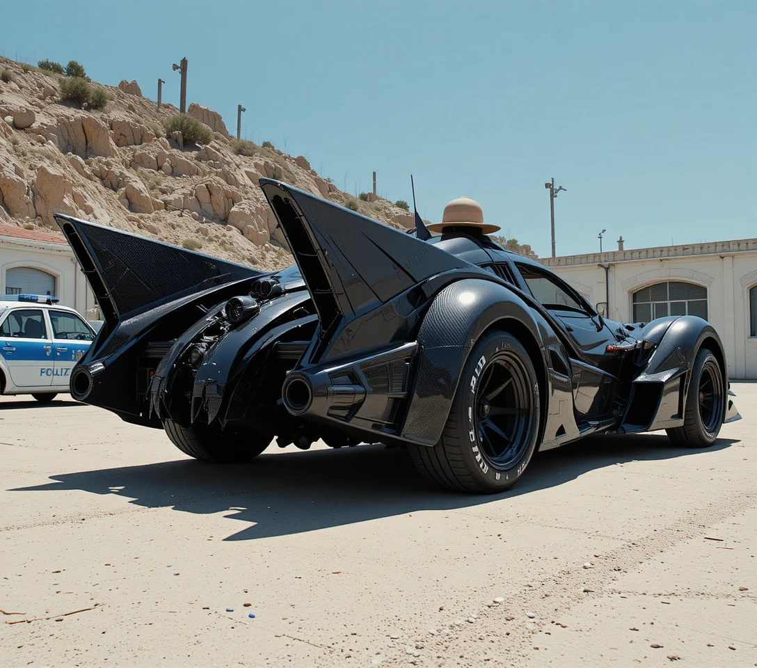 Carro preto futurista com capota aberta sob luz solar intensa