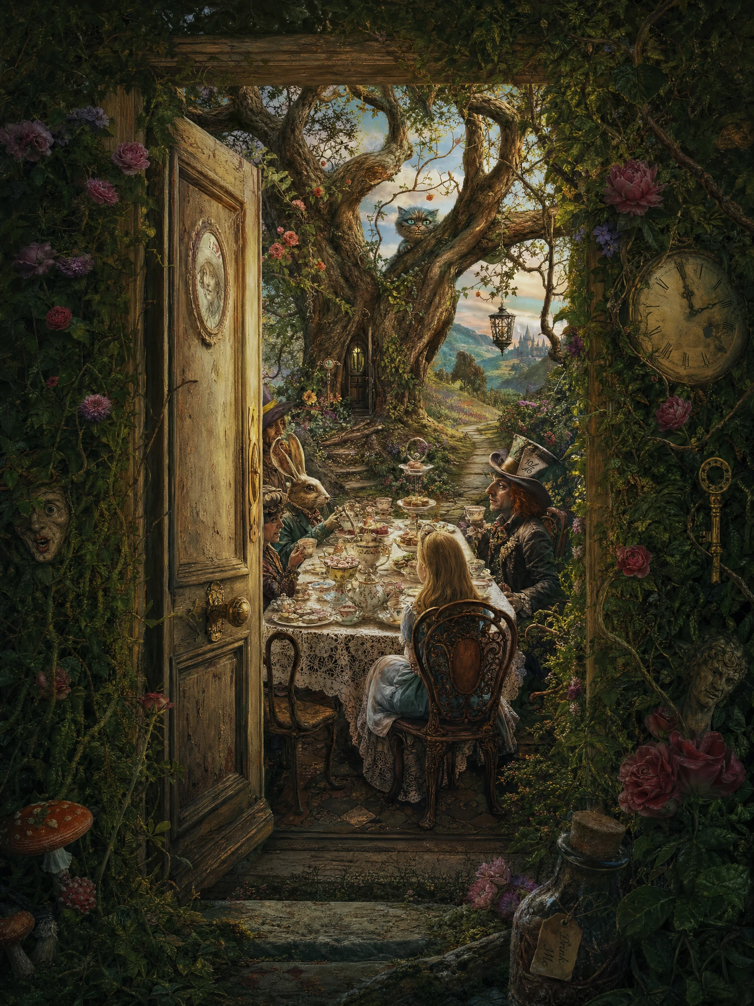 Hidden garden doorway opening to whimsical tea party