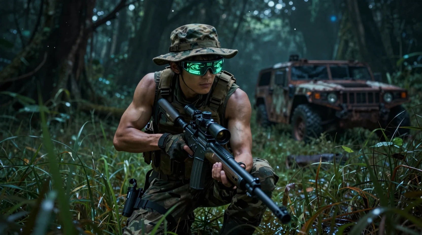 Soldado com rifle de sniper avançando pela grama escura da selva