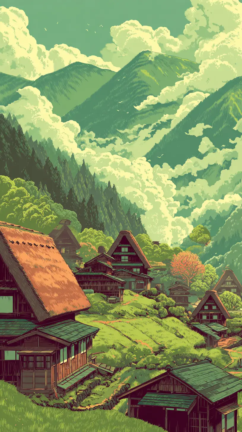 浮世繪風格的山中村莊與傳統茅草屋