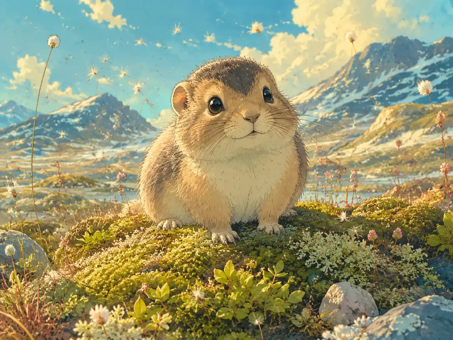 Niedliches Baby-Lemming sitzt auf einem sonnigen Tundrahügel