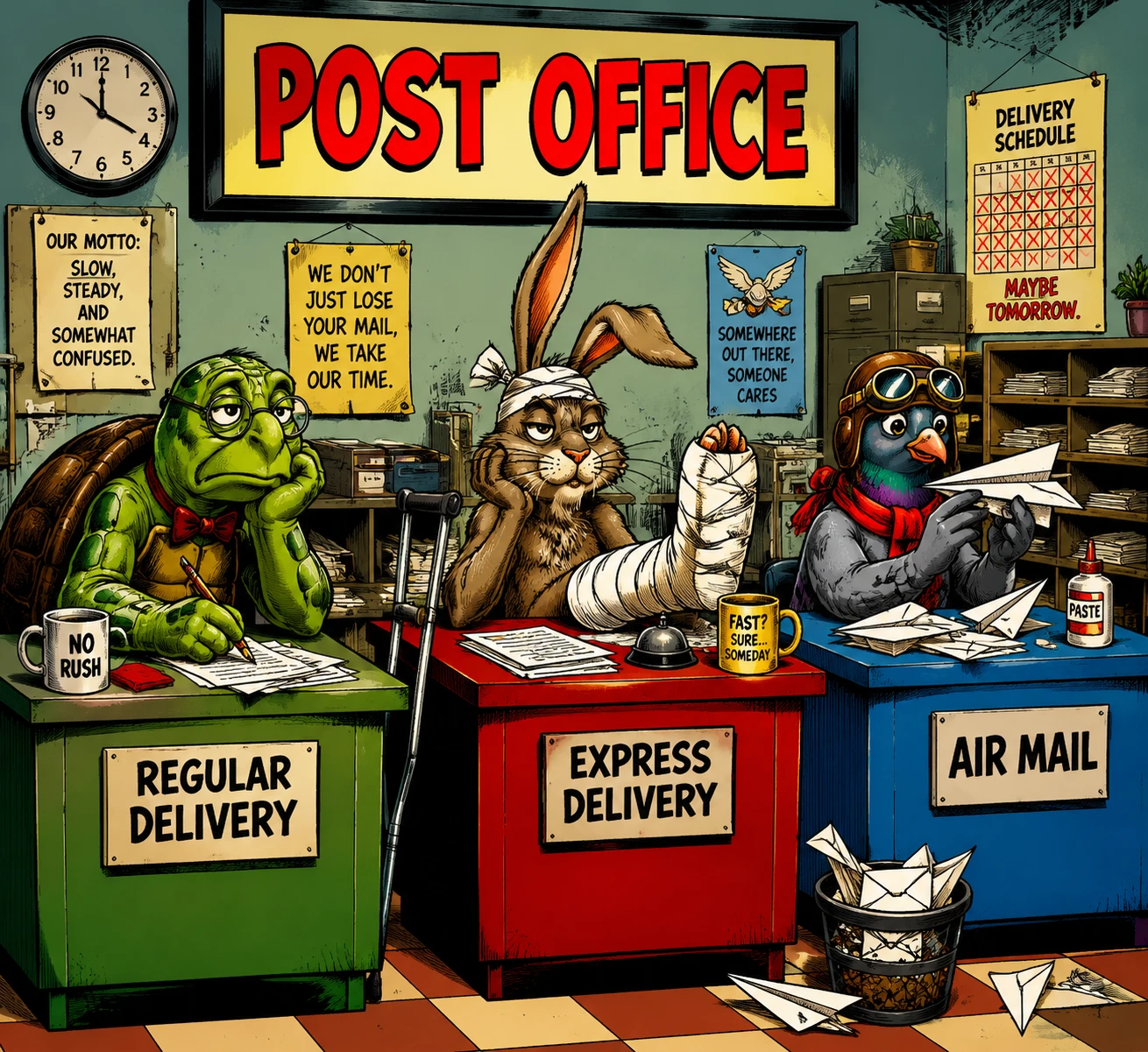 Bande dessinée humoristique d’animaux travaillant aux guichets de la poste