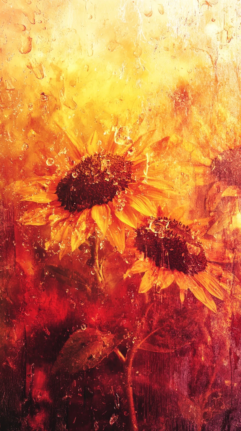 Teste di girasole recline su uno sfondo pittorico astratto e vibrante