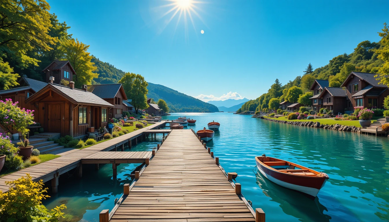 Quai en bois rustique dans un paisible village au bord du lac