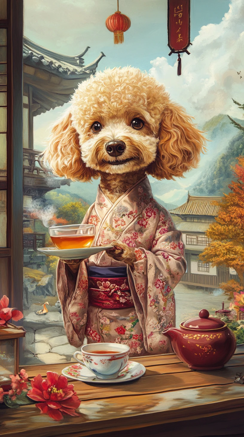 Caniche anthropomorphe en kimono servant le thé dans une maison de thé