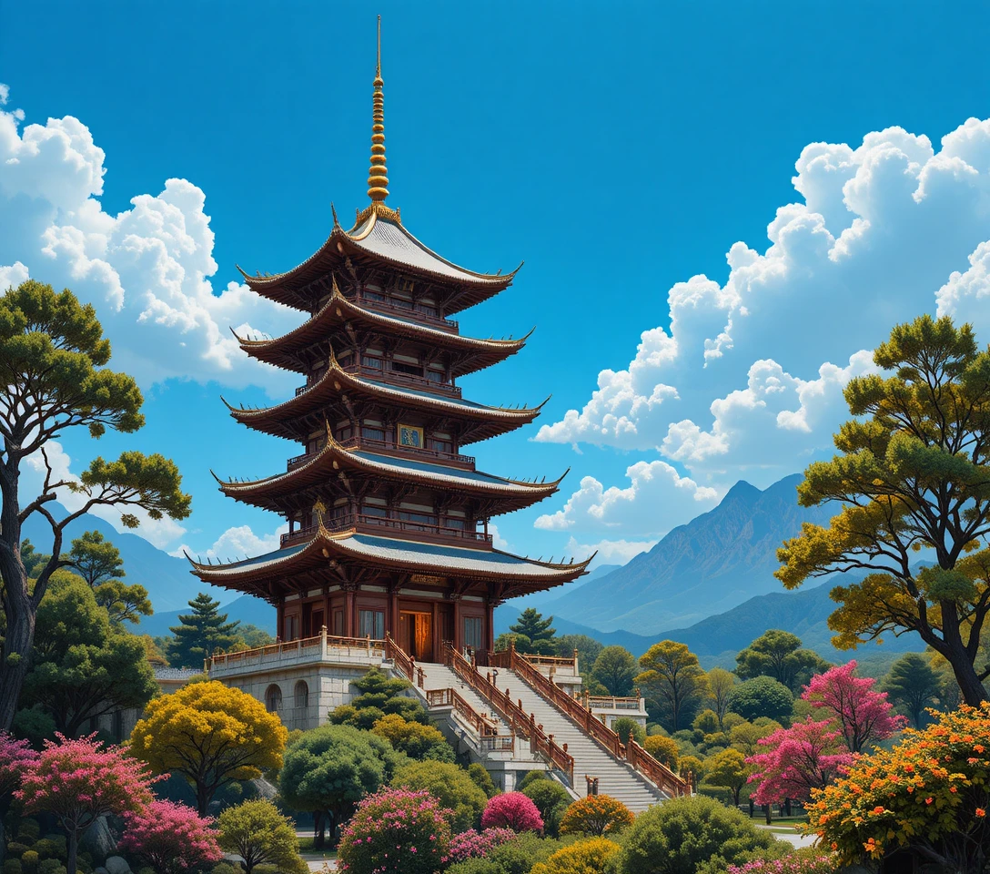 Imponente pagode chinês de vários andares sob céu azul claro