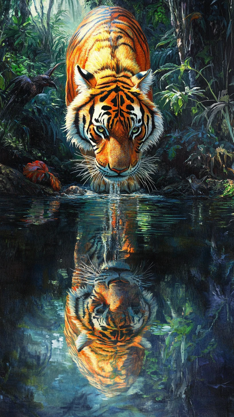 Tiger trinkt an einer Dschungel-Wasserstelle mit Spiegelung