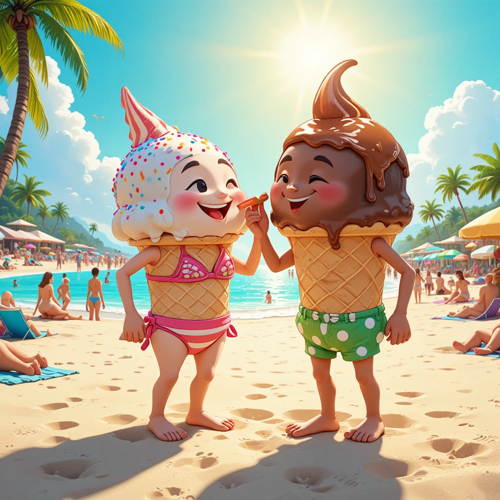 Personnages de glace ludiques partageant un moment sur une plage ensoleillée