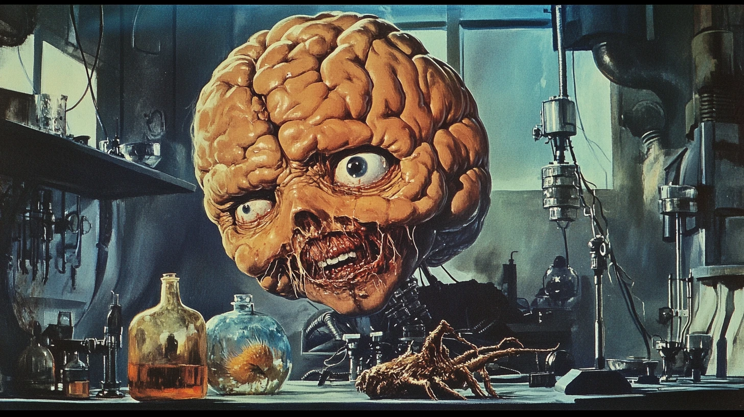 Monstro cerebral gigante de um olho só em um laboratório vintage assustador