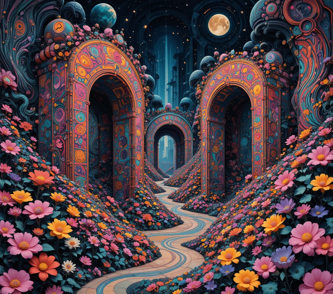 Surreale psychedelische Landschaft mit lächelnden Blumen und Barrieren