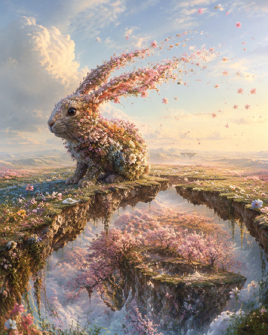 Coelho floral surreal em uma paisagem flutuante e onírica