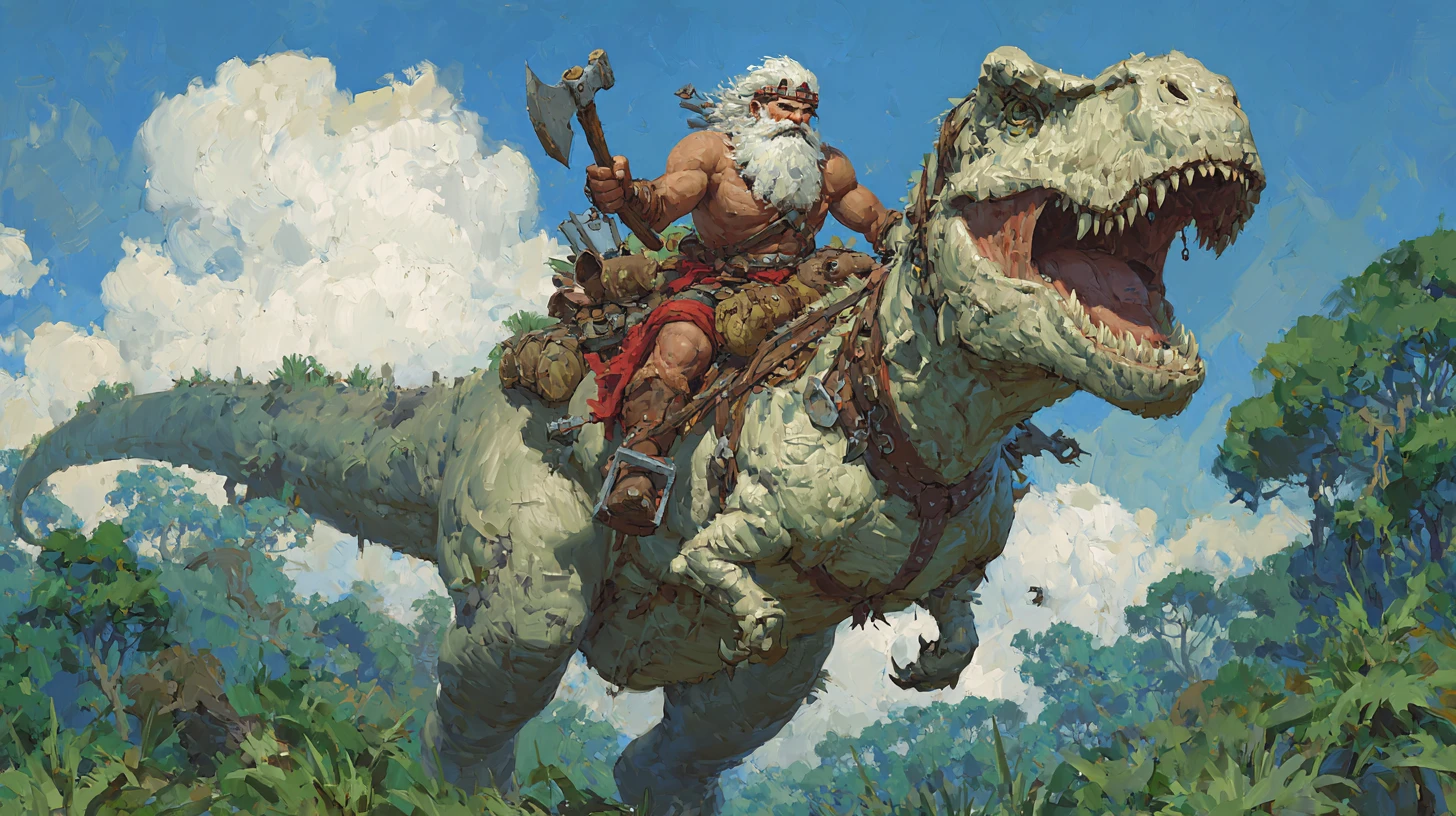 Velho bárbaro montando um dinossauro gigante através de planícies florestadas
