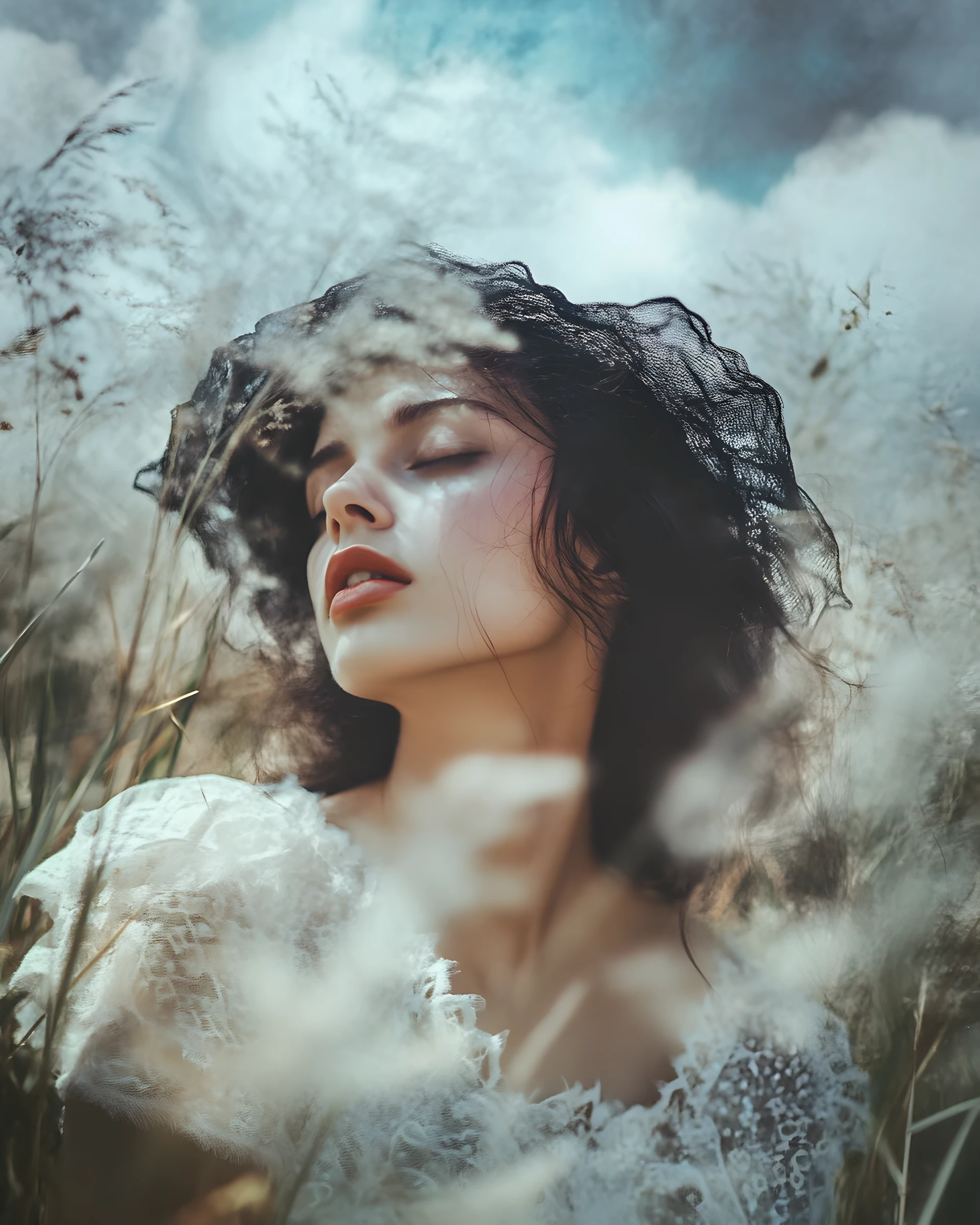 Modelo de alta-costura em retrato dramático na hora azul