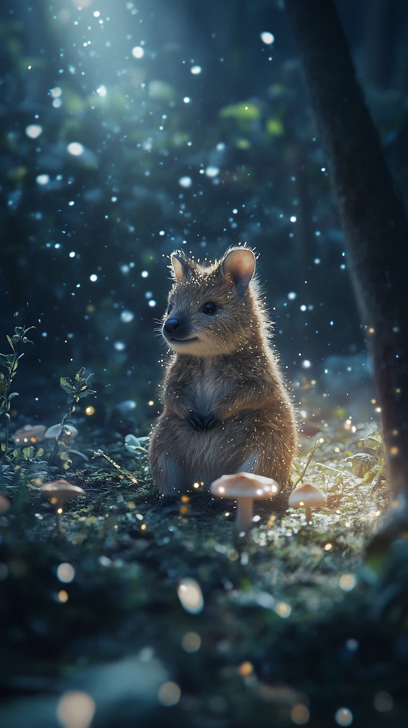 Quokka che riposa in una radura del bosco illuminata dalla luna