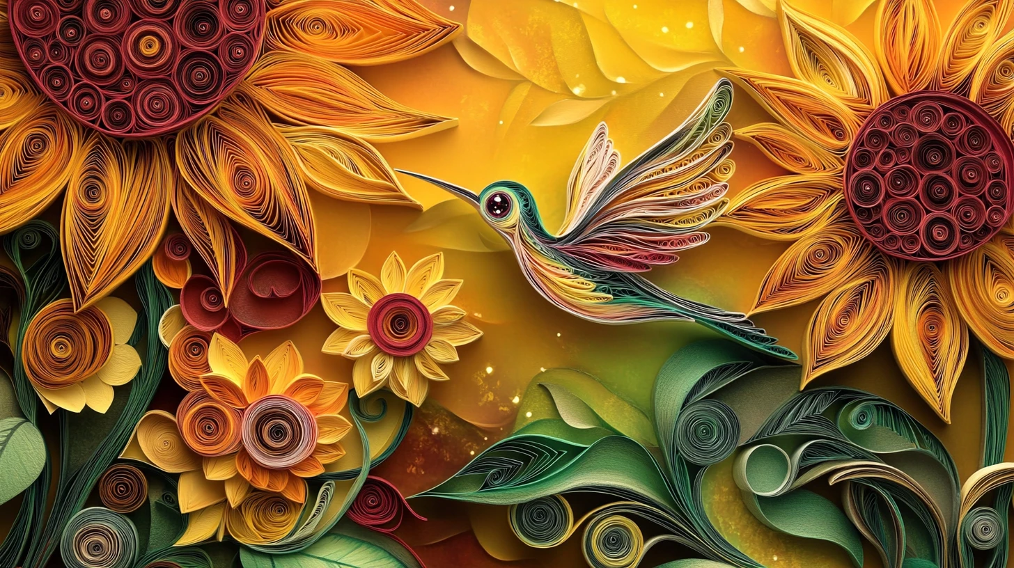 Beija-flor lúdico em quilling de papel com girassóis
