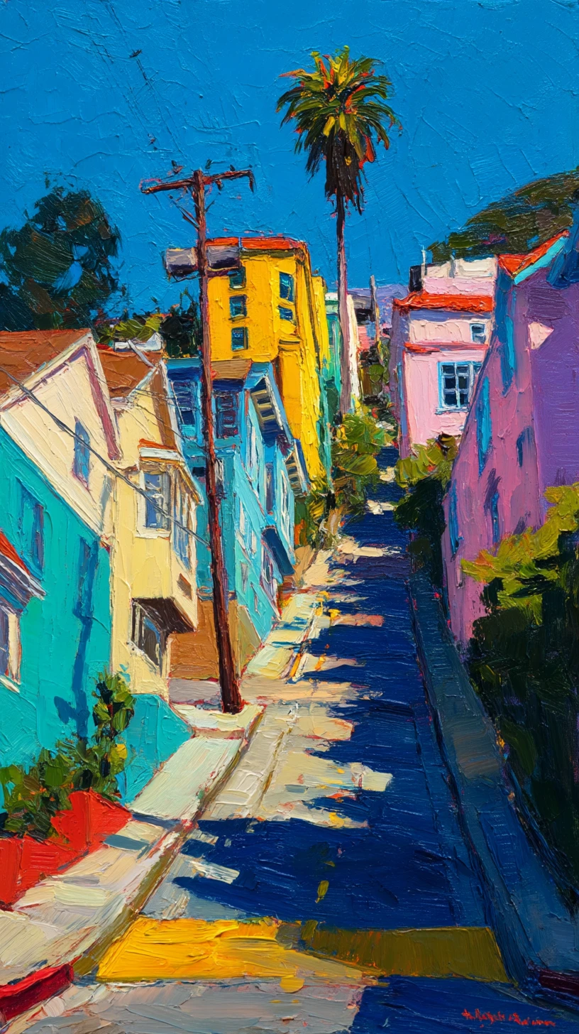 Rua íngreme na cidade com casas coloridas ao sol
