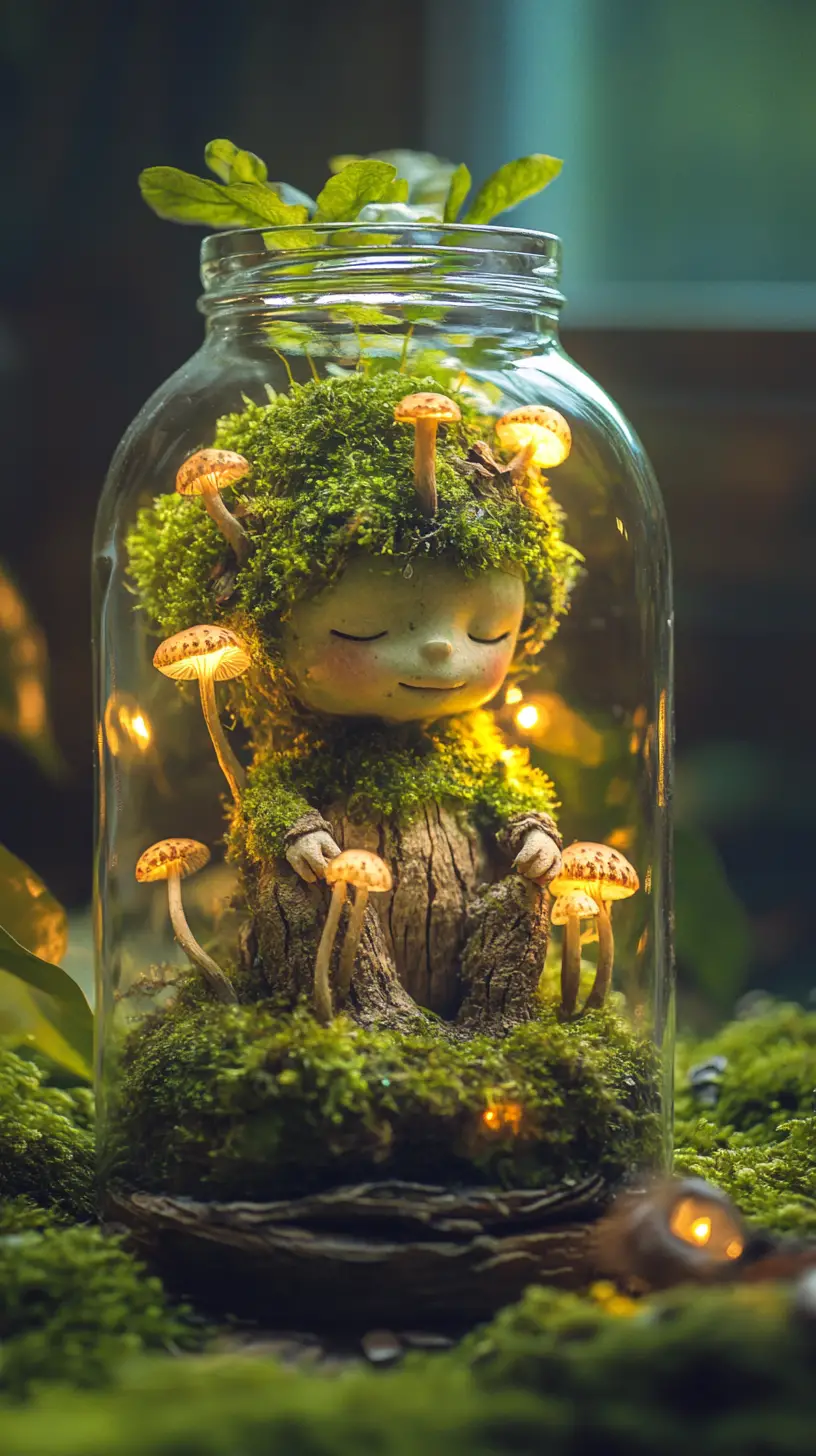 Tiny forest spirit resting inside a glowing glass jar