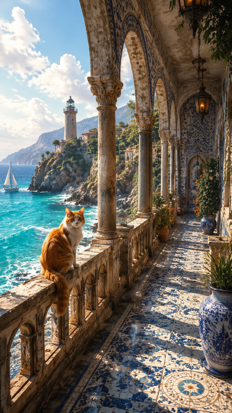 Varanda mediterrânea com arcos e vista para o mar turquesa