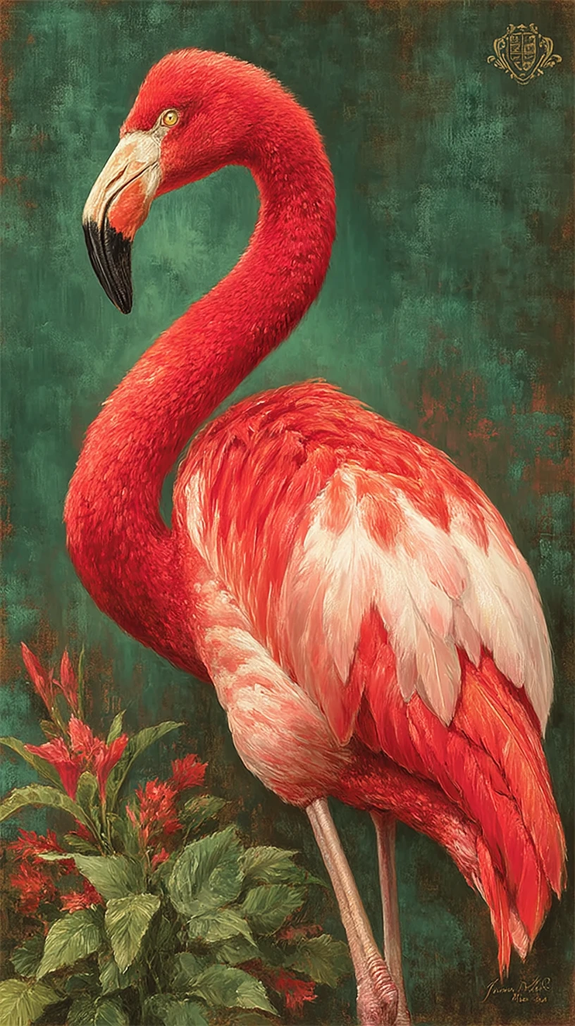 Retrato aristocrático de flamingo em óleo em interior ancestral escuro