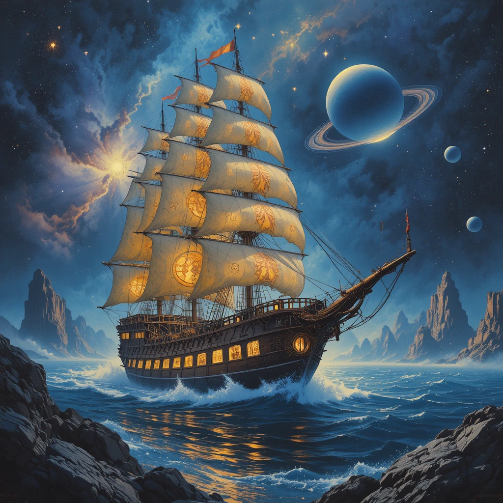 在發光宇宙星雲中滑行的莊嚴帆船