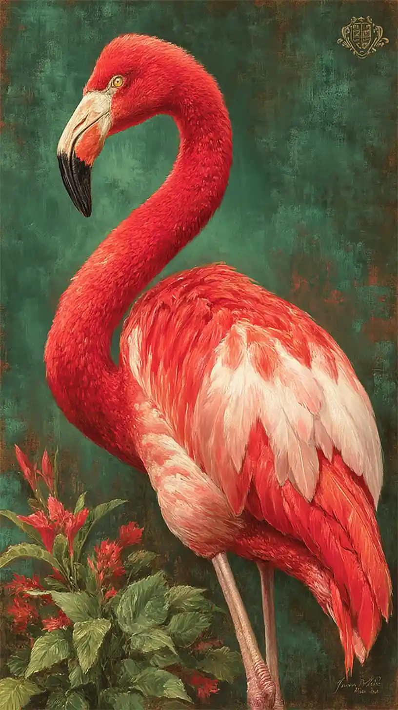 Aristocratic flamingo oil portrait in dark ancestral interior