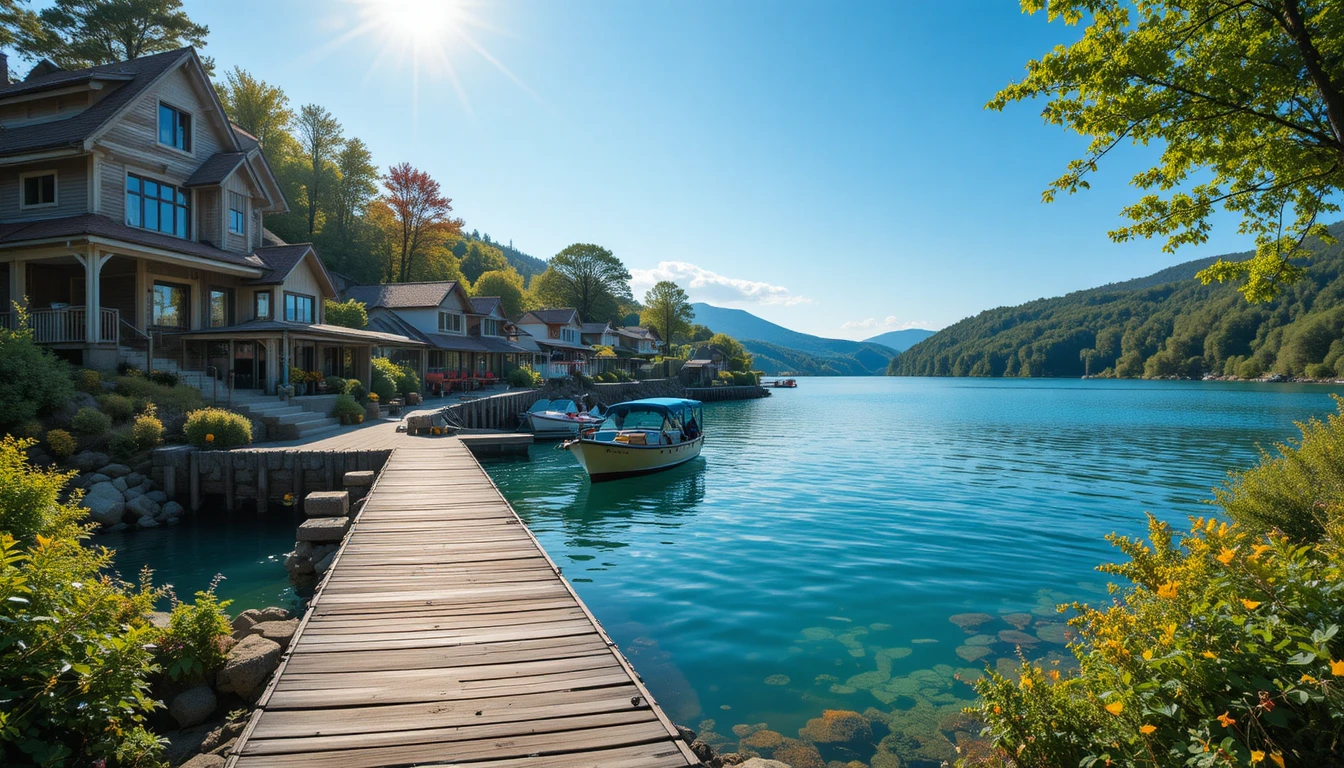 Muelle rústico de madera en un tranquilo pueblo junto al lago