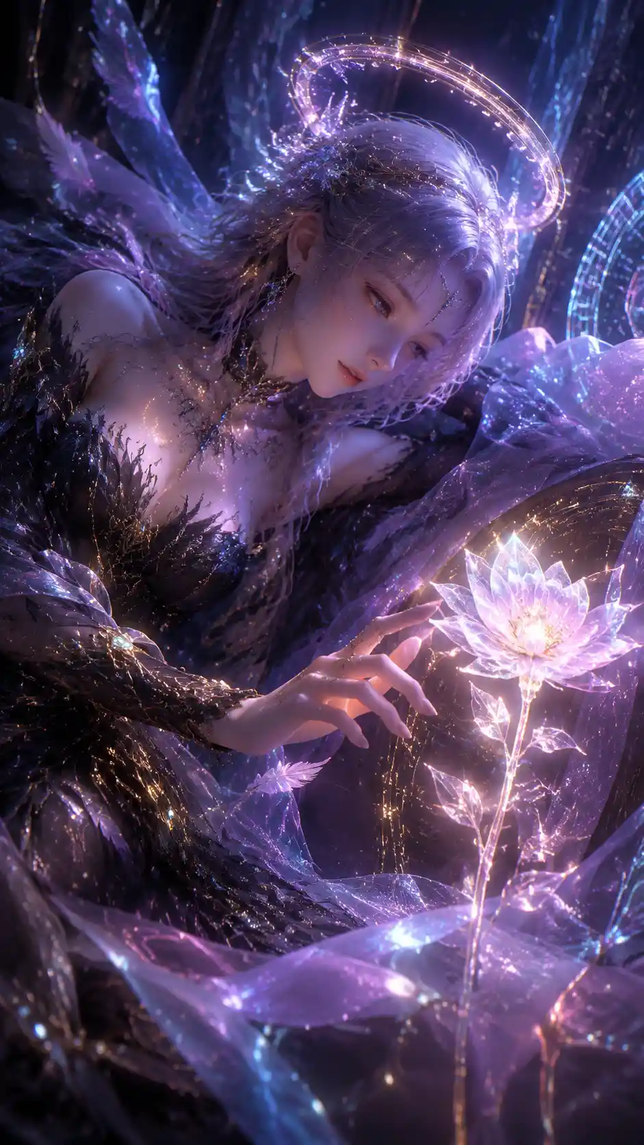 Eroina anime serena che tende la mano verso un fiore radioso e luminoso