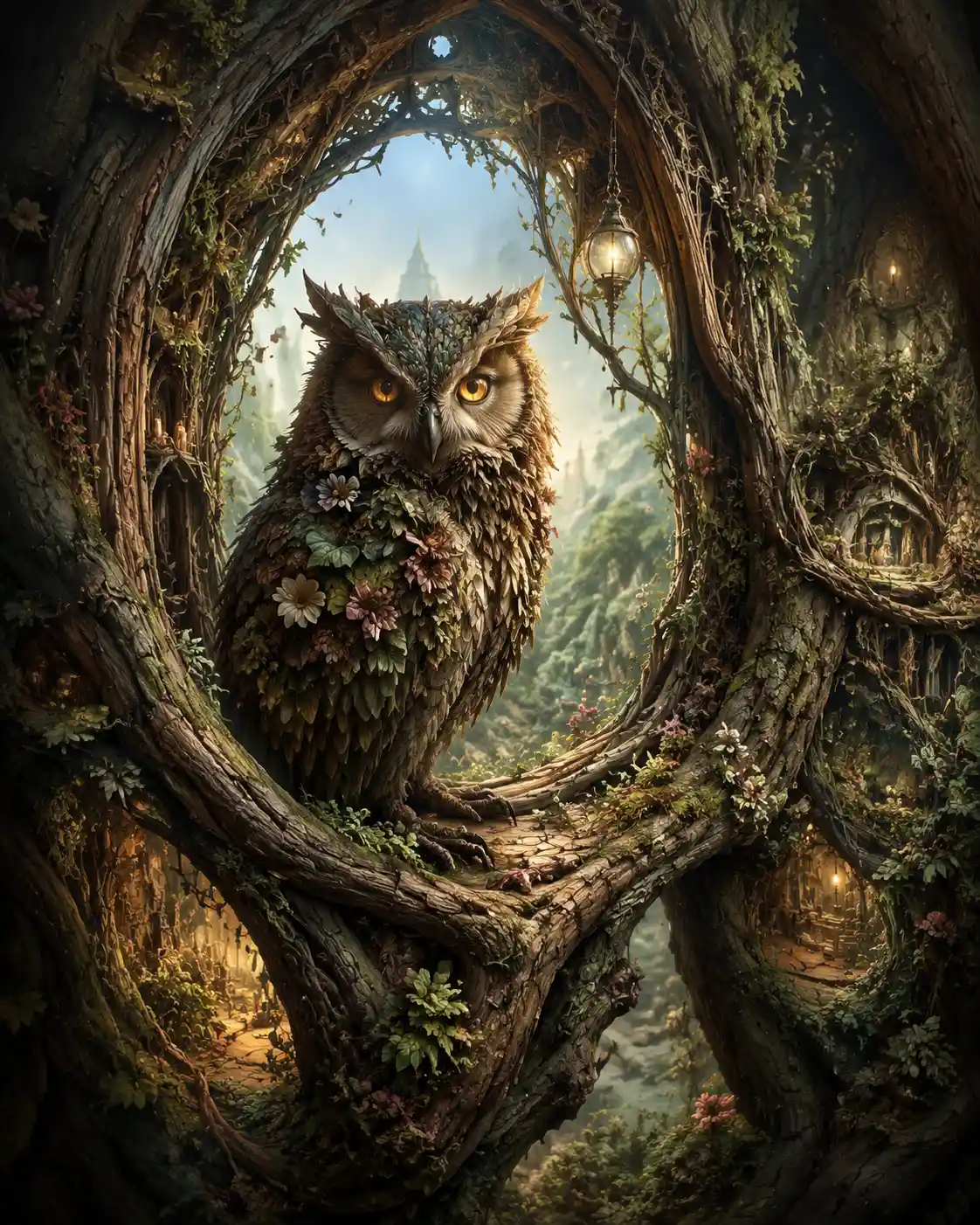 Búho surreal en un arco de bosque formado por árboles vivos
