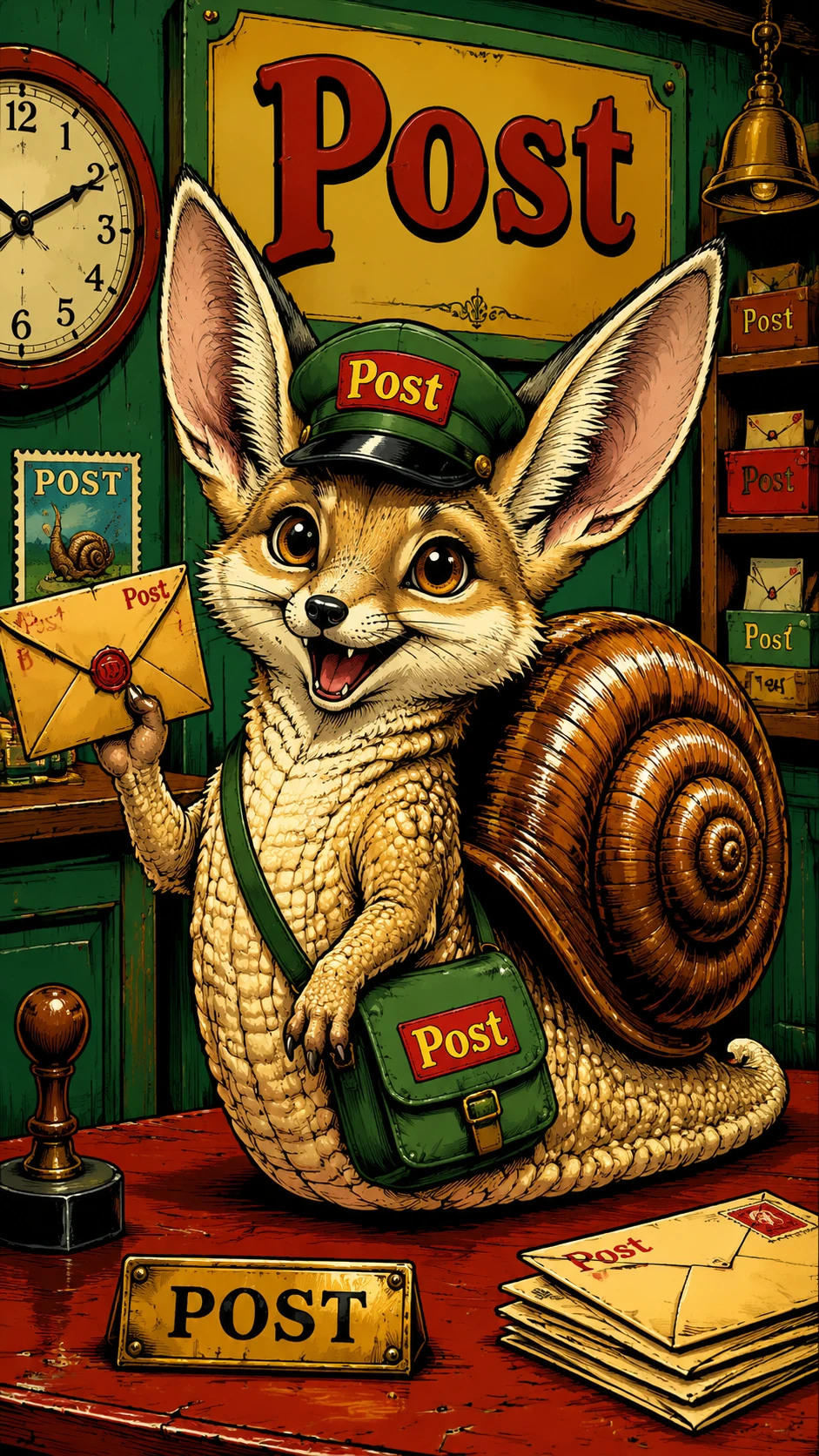Anthropomorpher Schnecken-Fuchs-Briefträger in einer Comiczimmer-Szene