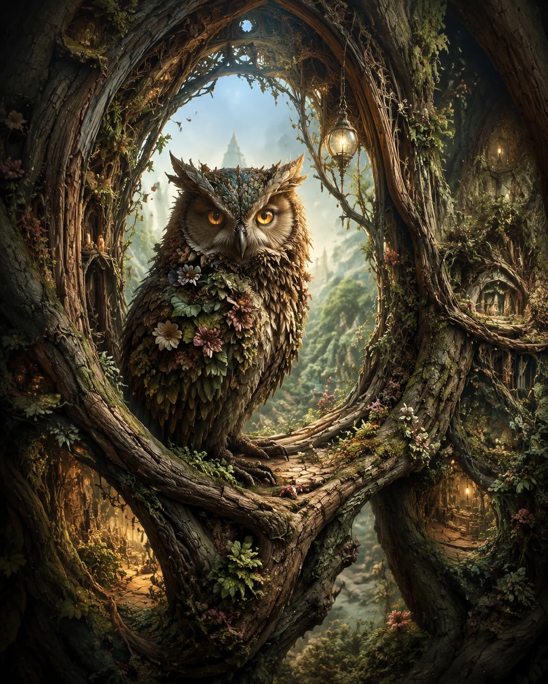 Hibou surréaliste dans une arche forestière d’arbres vivants