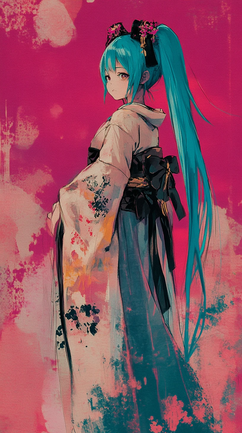 Fille d’anime en kimono rose avec couettes turquoise