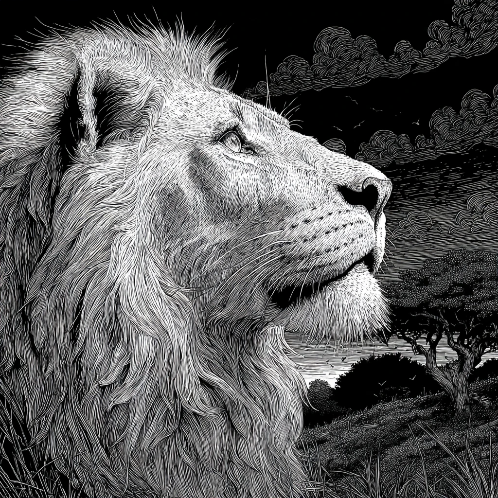 Filigrane Line-Art-Illustration eines majestätischen Löwen