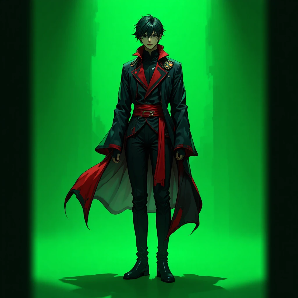Homem de anime de corpo inteiro em preto e vermelho sobre fundo verde