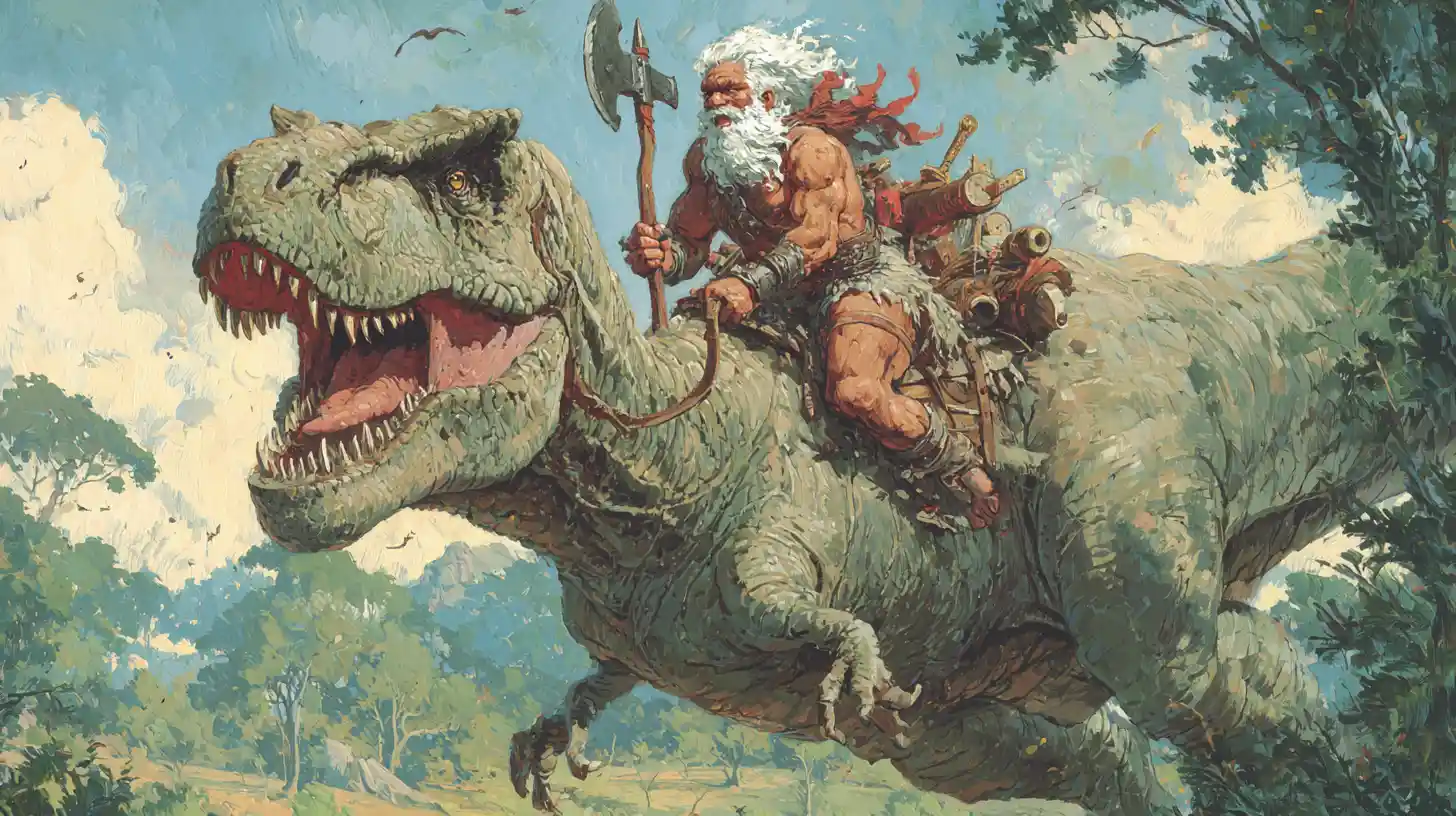 Vecchio barbaro che cavalca un tirannosauro attraverso le pianure della foresta
