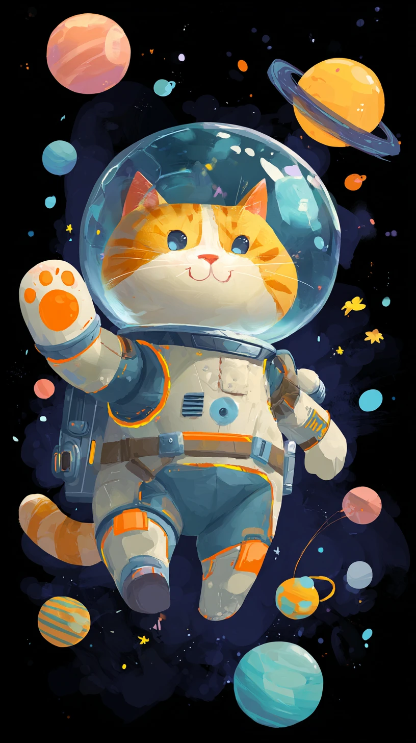 Confident space cat in a retro futuristic spacesuit