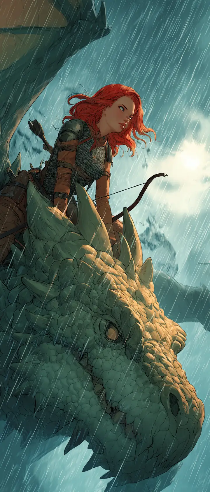 Amazonenkriegerin reitet einen kolossalen Drachen durch den Sturm