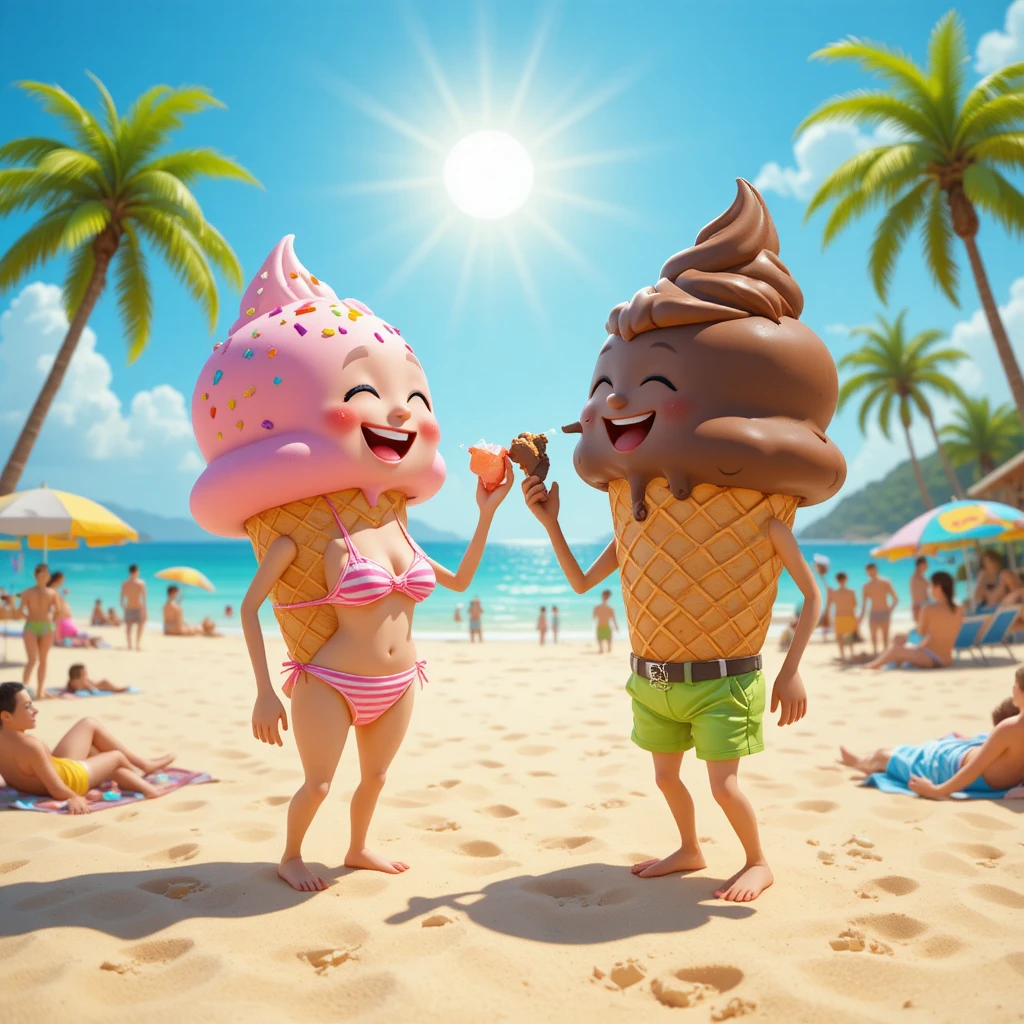 Coni gelato giocosi che condividono un momento su una spiaggia soleggiata