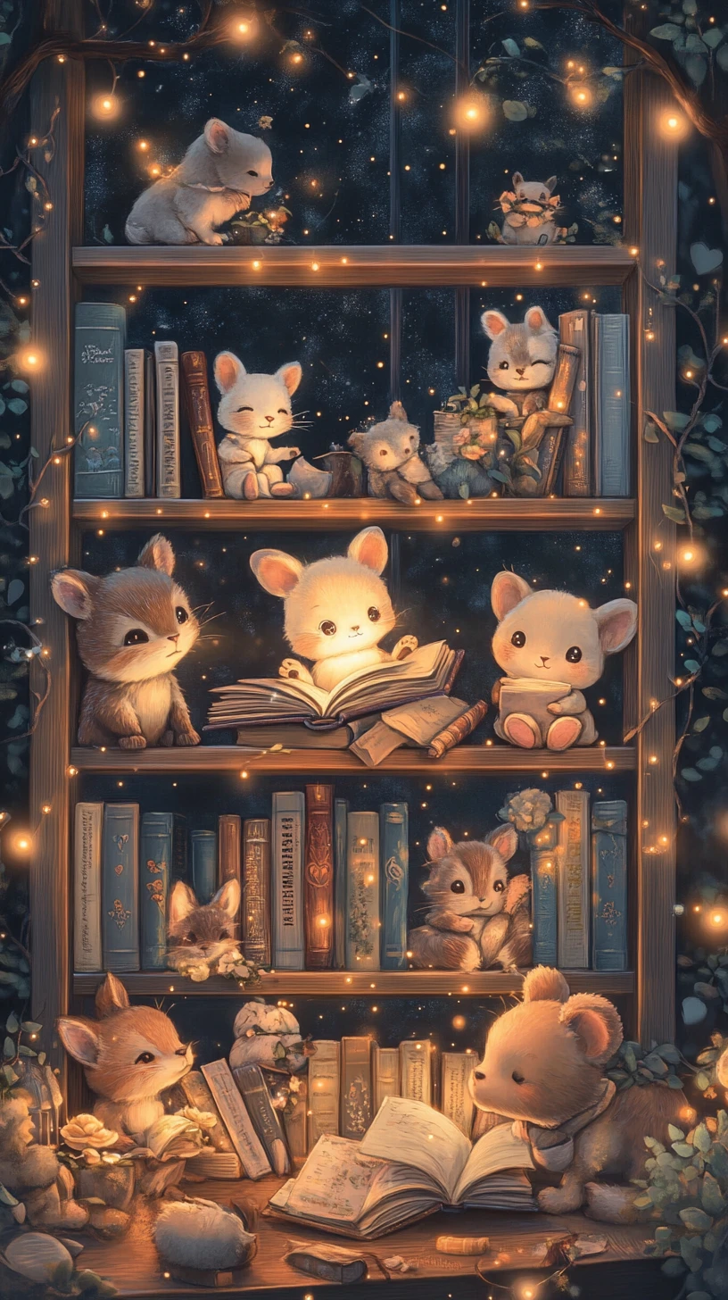 粉彩書架旁一起閱讀的溫馨動物朋友們
