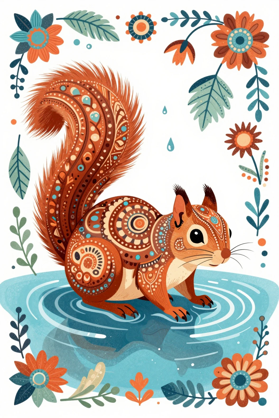 Scoiattolo di folk art ornato con motivi mandala in acqua turchese