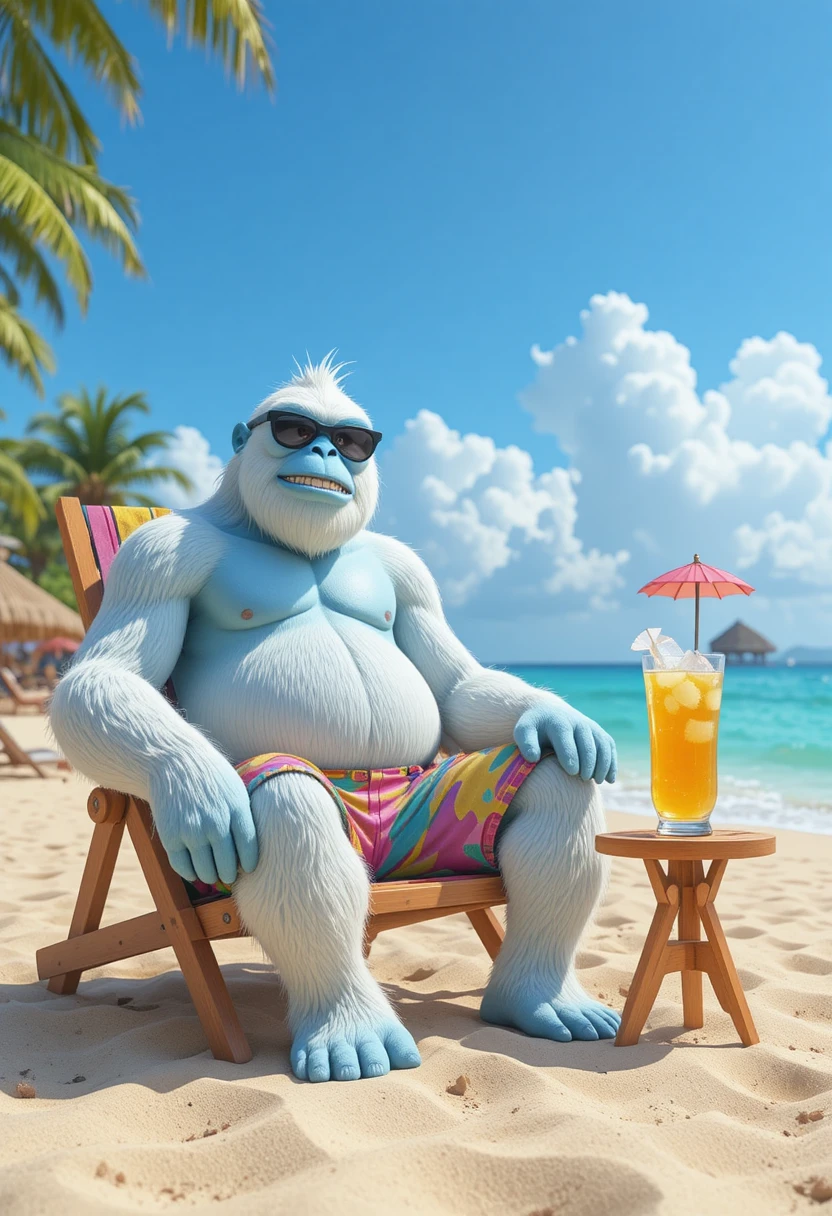 Yeti gigante tomando sol em uma praia tropical ensolarada