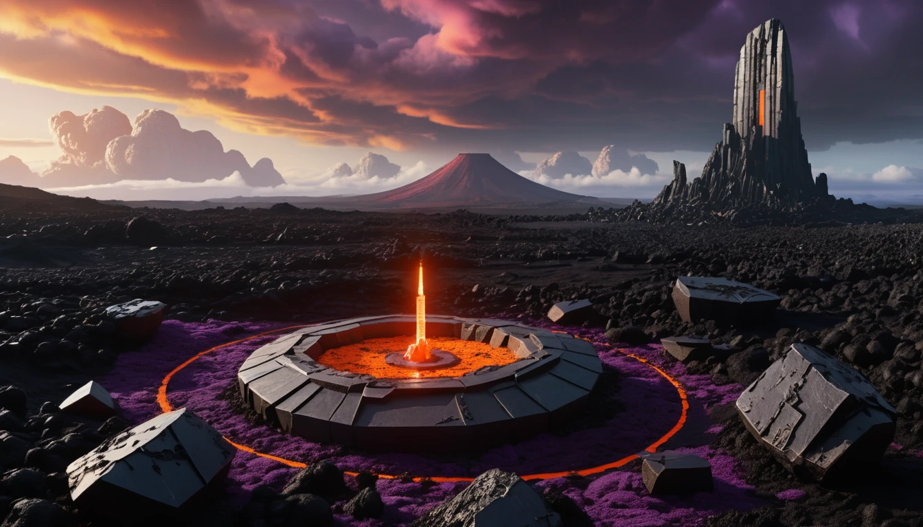 Monument funéraire sur un lointain plateau de lave alien