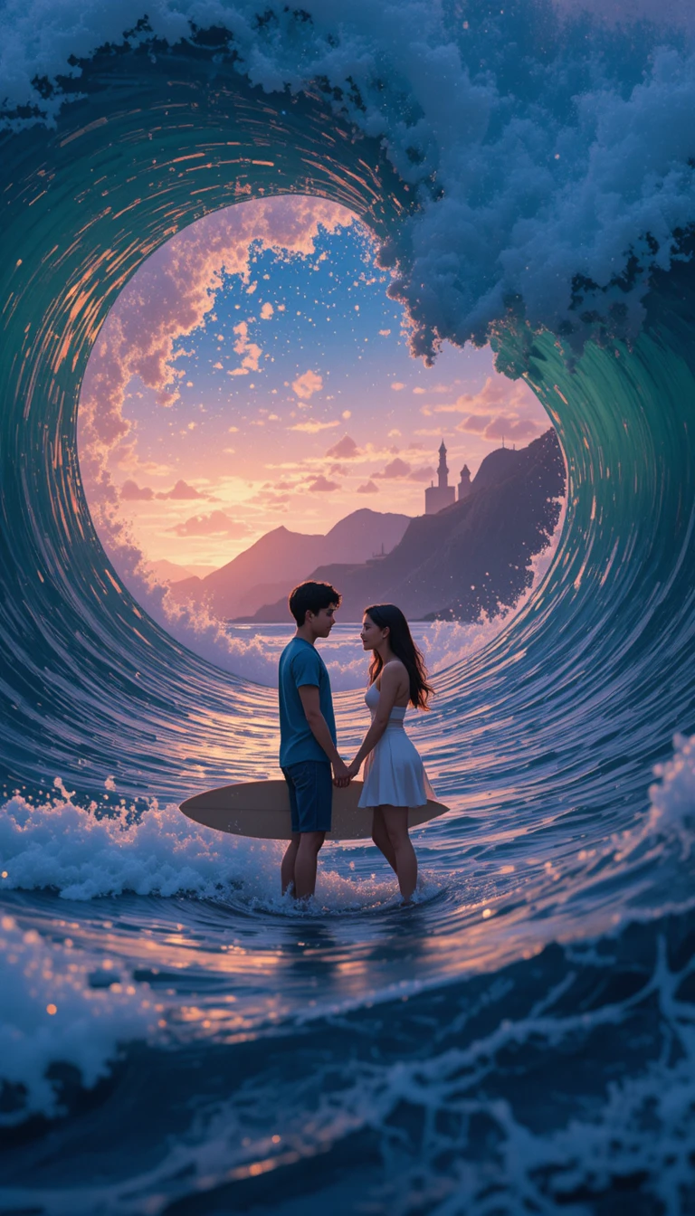 Jeune couple d’adolescents partageant un moment tendre au bord de la vague