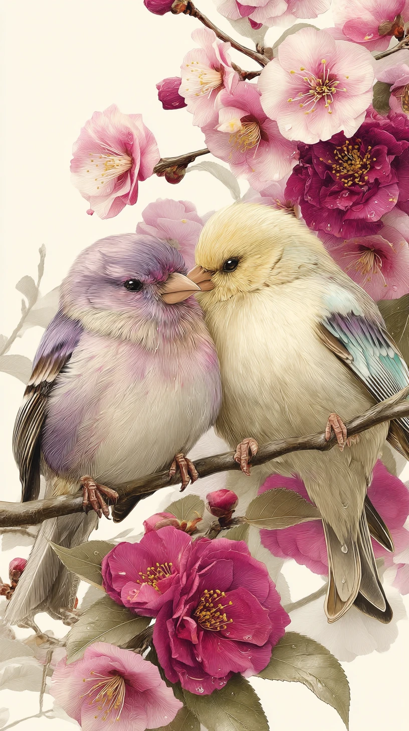 柔和清晨光中的開花樹枝上兩隻鳴鳥