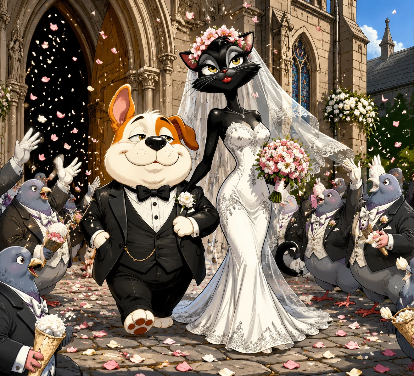 Cachorro e gata recém-casados em desenho saindo de catedral gótica