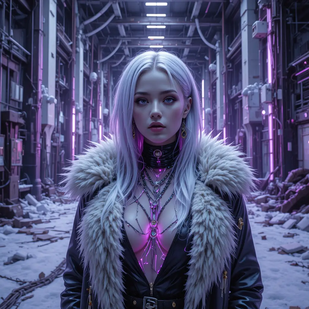 Mulher cyberpunk surreal em uma catedral industrial congelada