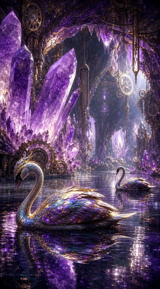 Cygnes glissant sur un lac de cristal dans une vaste caverne