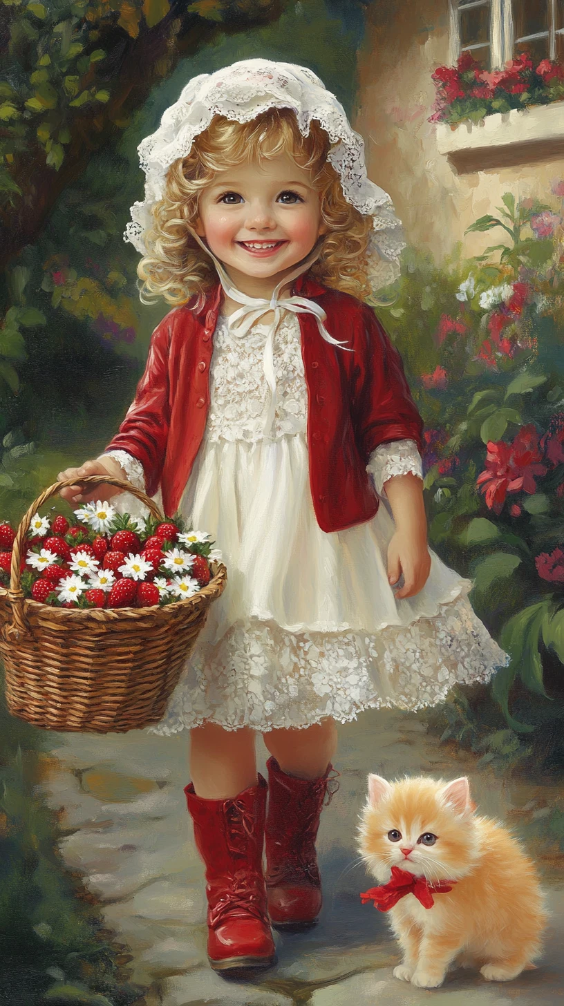 Smiling girl with basket of strawberries in a garden