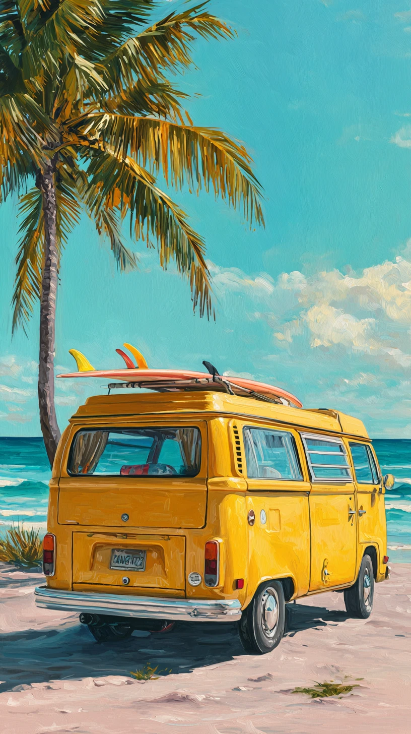 Van jaune avec planches de surf sur une plage paisible au coucher du soleil